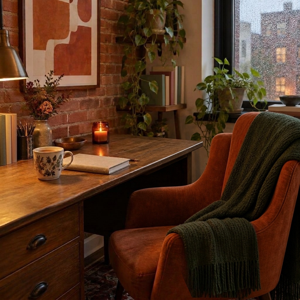 A quiet sunlit desk with an orange chair
