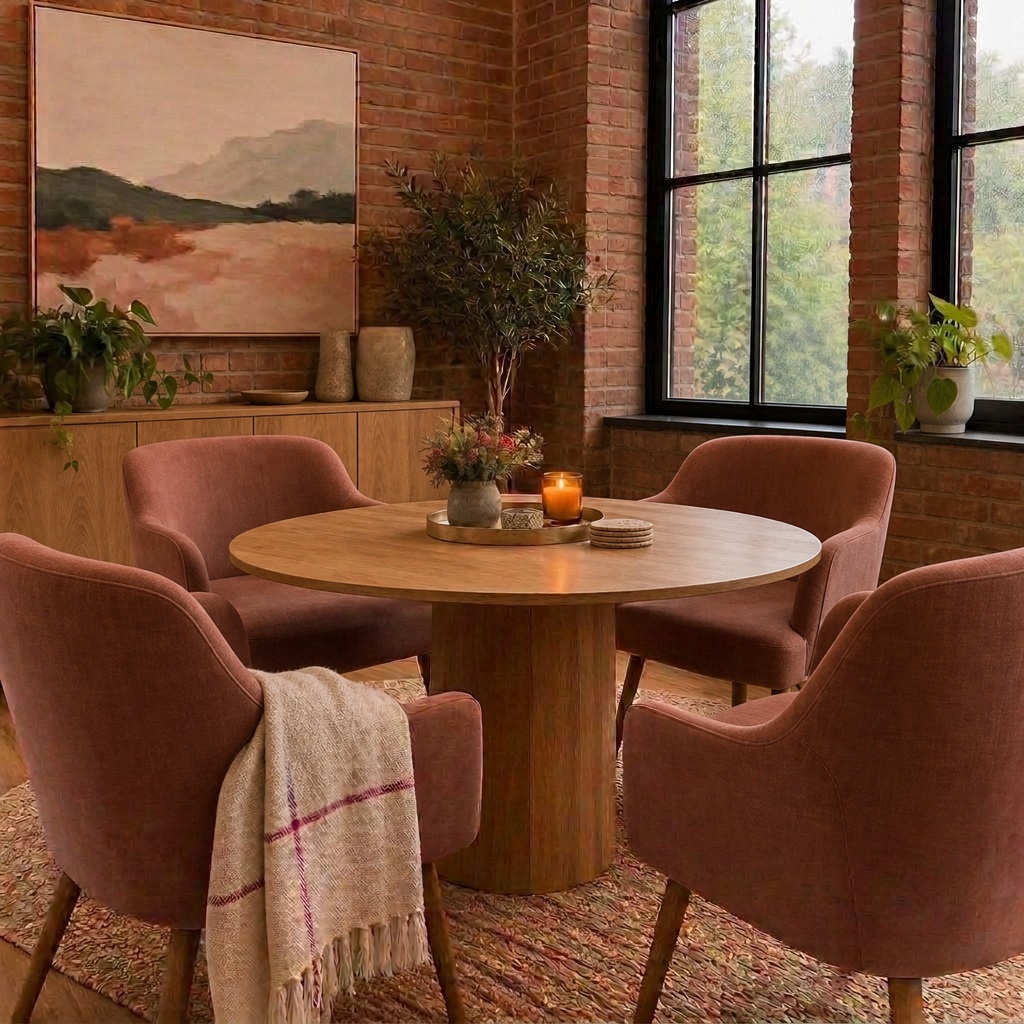 An empty meeting room with a round wooden table