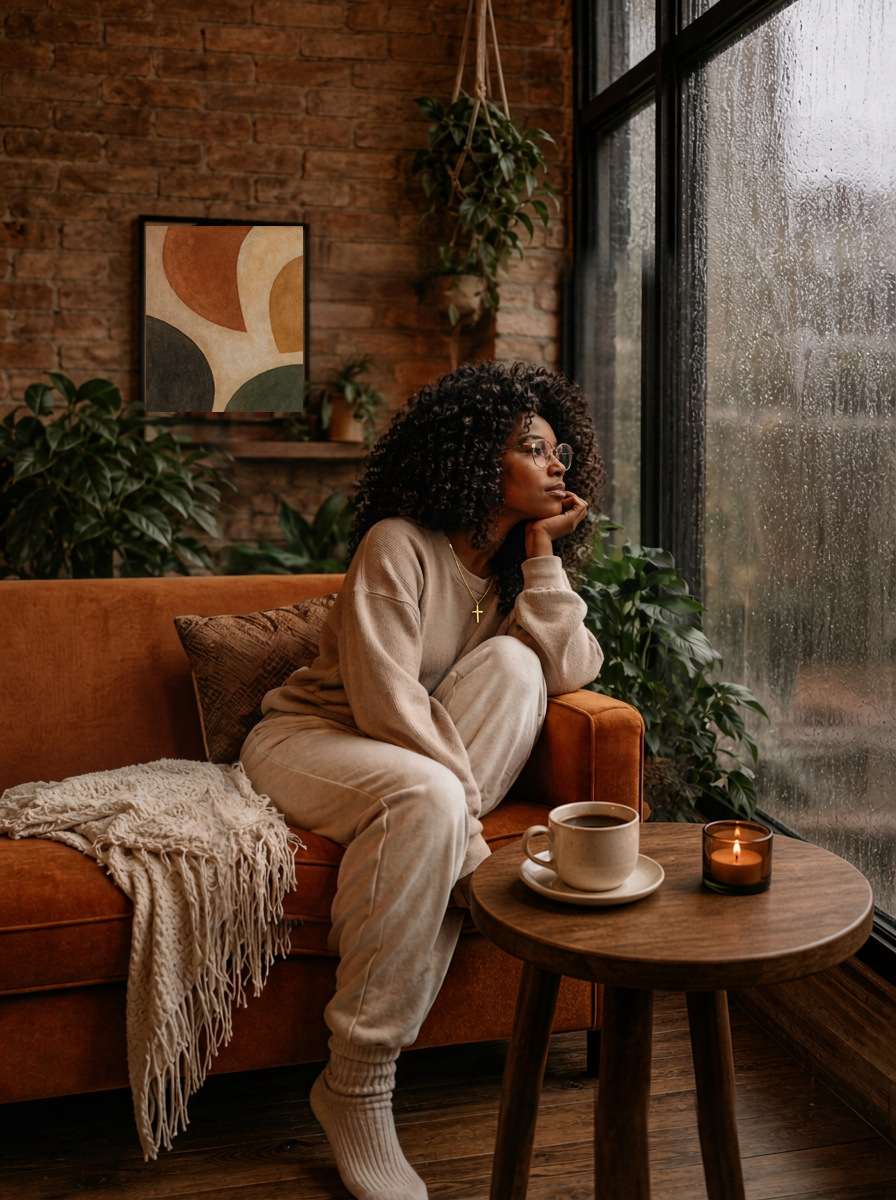 A woman sitting on an orange couch beside a rainy window and plants